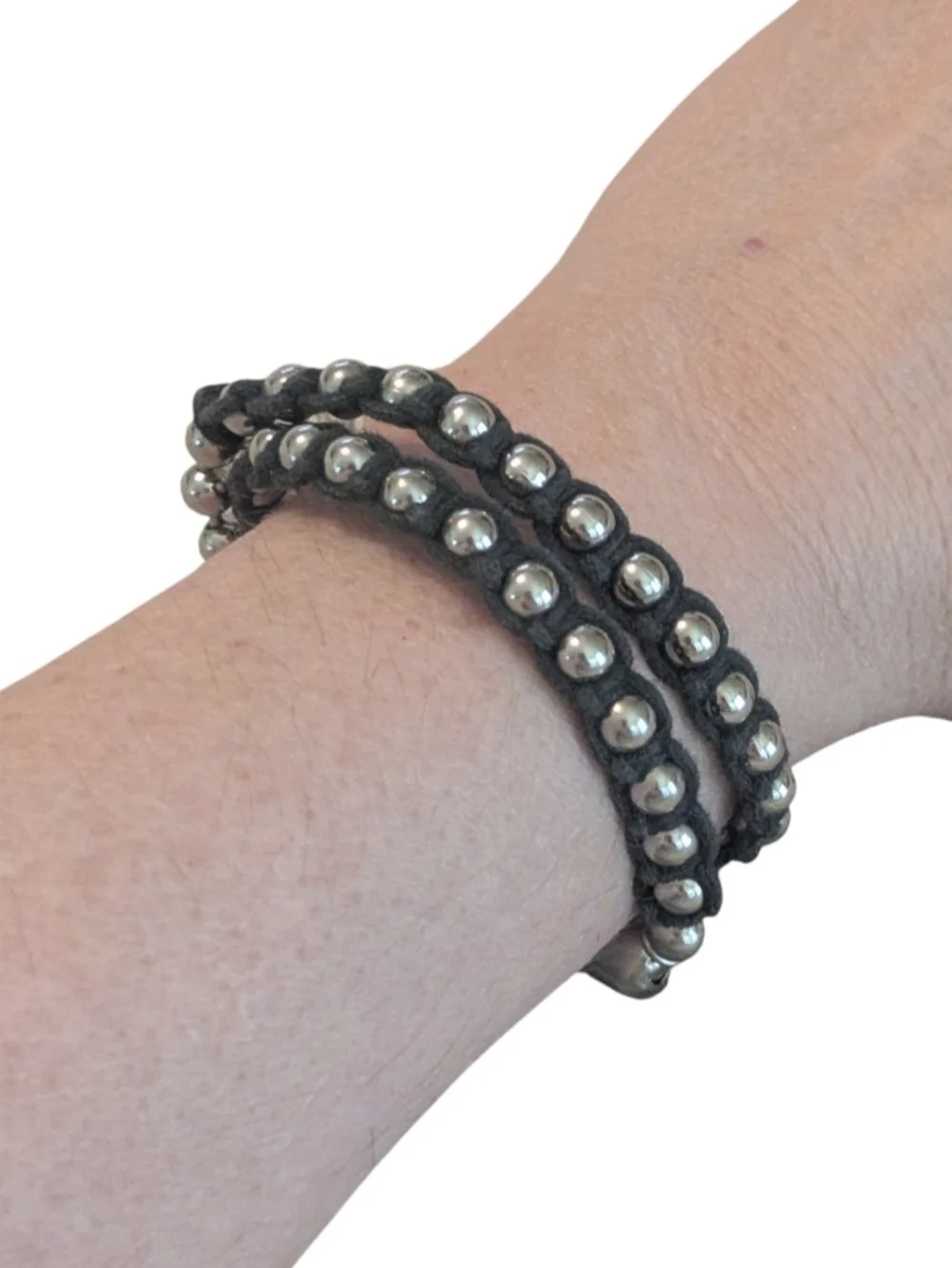 90s Grunge Panama Jack Sliver Beaded Black Leather Choker Necklace Bracelet - Picture 6 of 8
